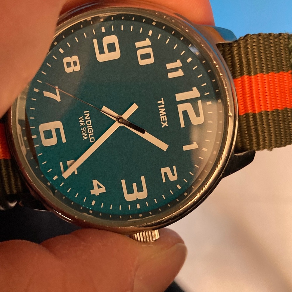 Timex Indiglo watch, black dial, new olive green and orange striped nato strap - Picture 9 of 11